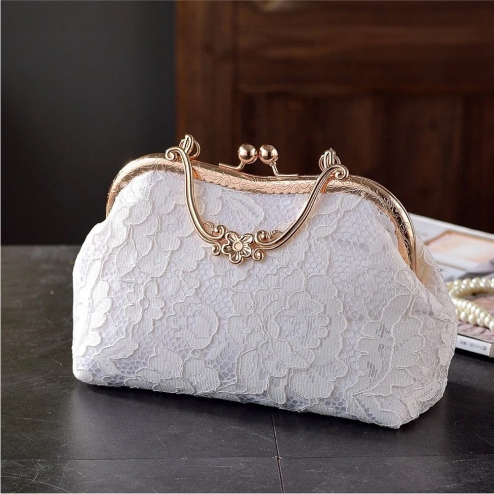 Elegant White Lace Clutch with Gold Frame